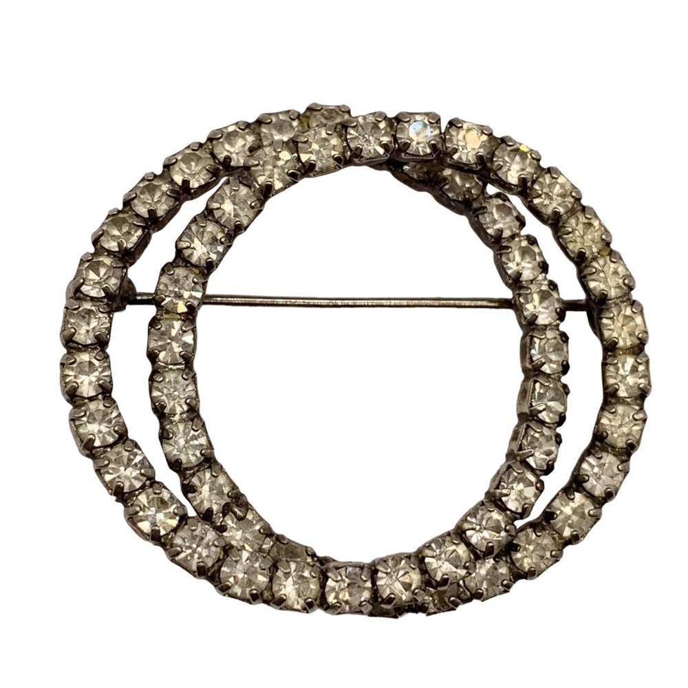 Vintage clear rhinestone double circle brooch pin